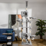 Floor-to-ceiling cat tree, height-adjustable cat tower from 240-260 cm with multiple levels, light gray
