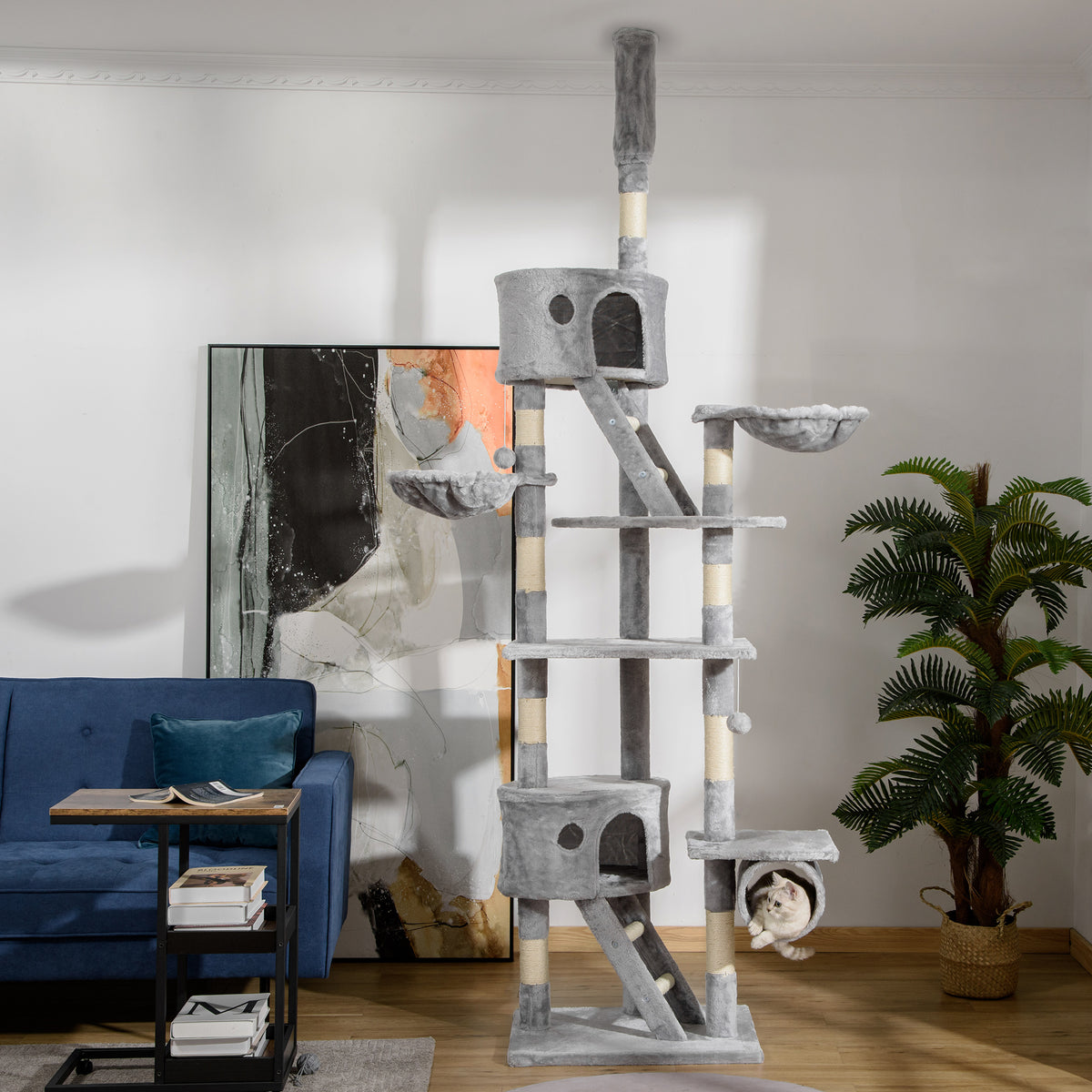 Floor-to-ceiling cat tree, height-adjustable cat tower from 240-260 cm with multiple levels, light gray