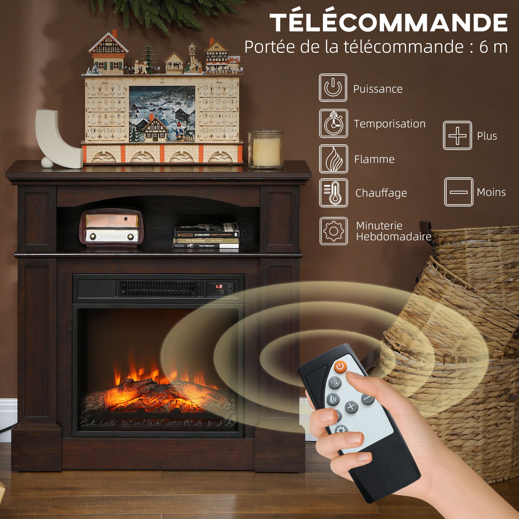 Cheminée électrique effet flammes LED luminosité réglable avec télécommande - 1800 W - 80,5 x 32,3 x 80,5 cm