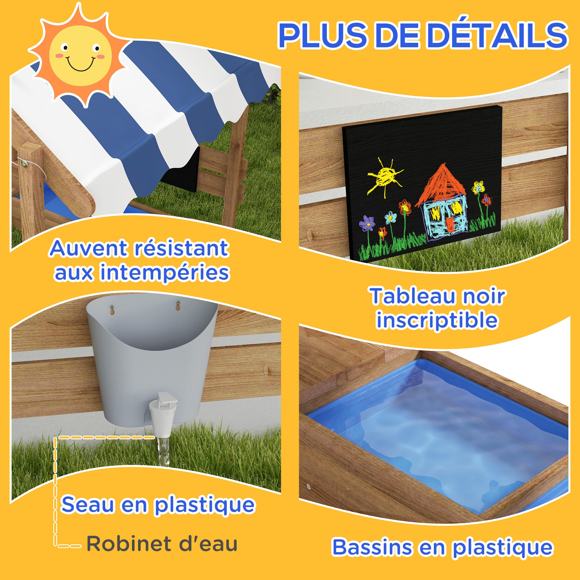 Holz-Sandkasten in Hausform für Kinder mit Vordach, 2 Becken, Spüle und Tafel, 124 x 116 x 146 cm, Schwarz
