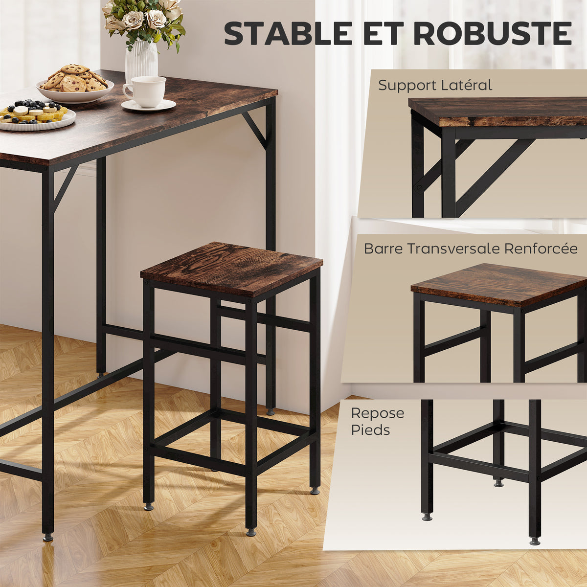 Ensemble table de bar industriel + 4 tabourets repose-pieds en bois couleur chêne cadre en métal noir