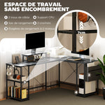 Bureau d'angle modulable réversible 168-240 cm style industriel - étagère réglable, sac de rangement, support d'écran
