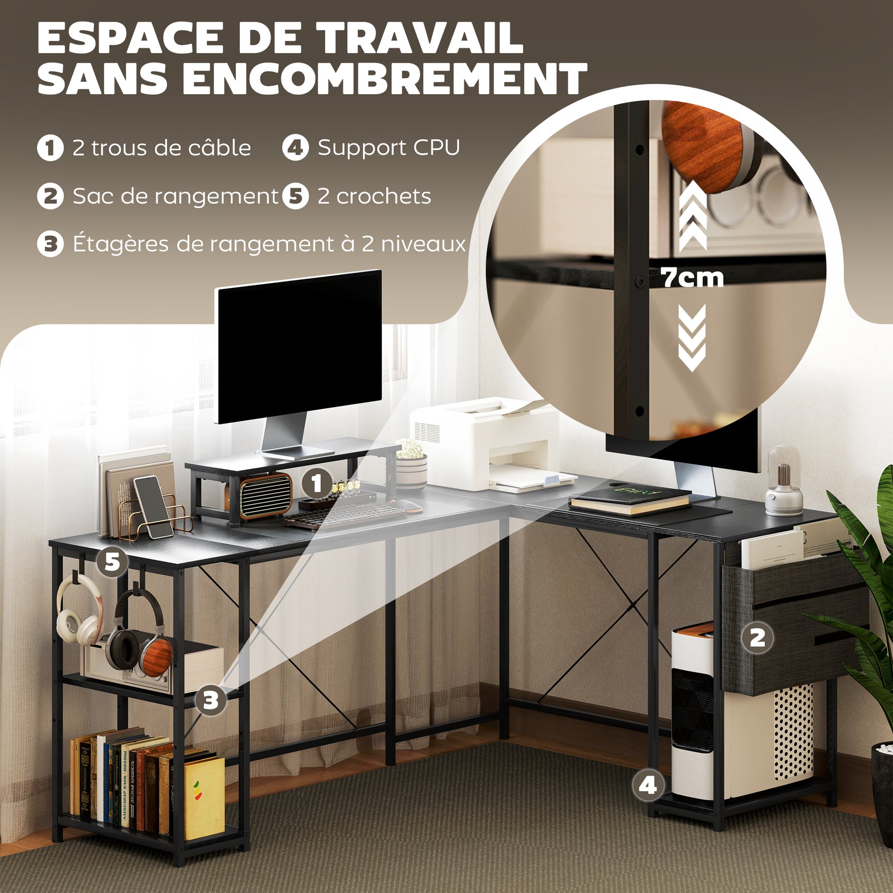 Bureau d'angle modulable réversible 168-240 cm style industriel - étagère réglable, sac de rangement, support d'écran
