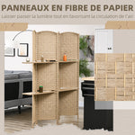 Paravent séparateur de pièce 4 panneaux 160 x170 cm avec 2 étagères, pliable, en bois