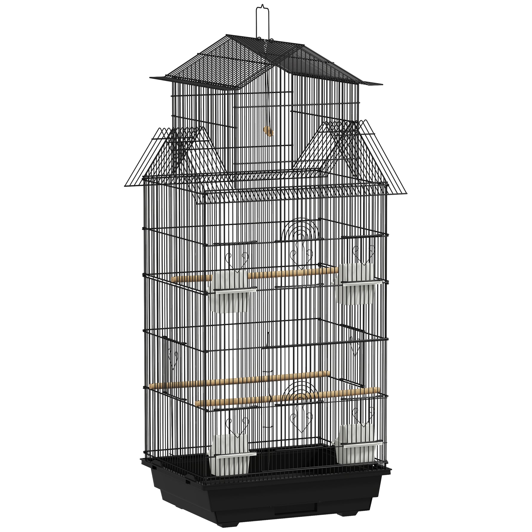 Cage à oiseaux volière avec balançoire poignée portable 4 mangeoires 3 perchoirs 50,5 x 41 x 104 cm en acier noir