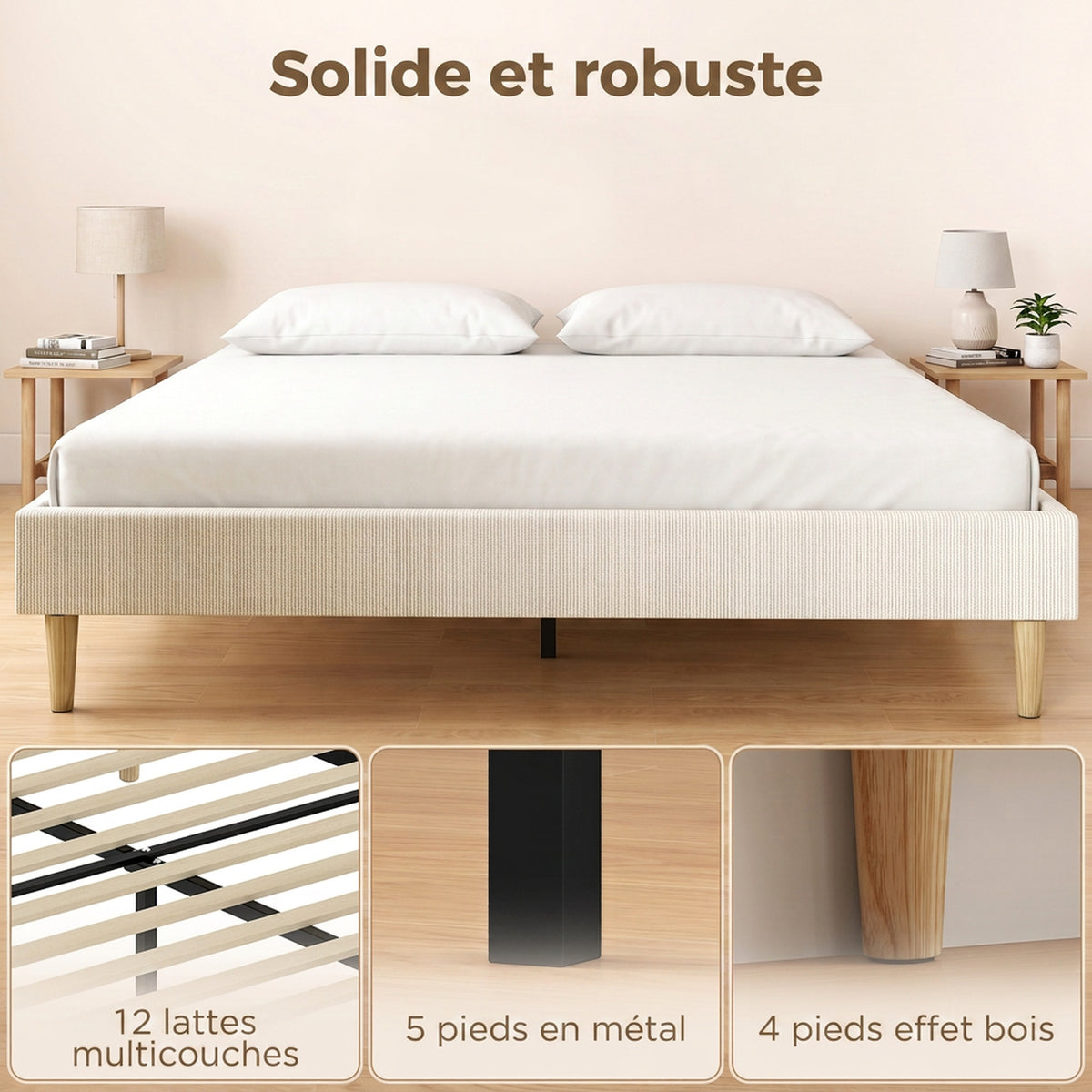 Bedframe 160 x 200 cm met lattenbodem, tweepersoonsbed gestoffeerd in corduroy, opbergruimte eronder, crème