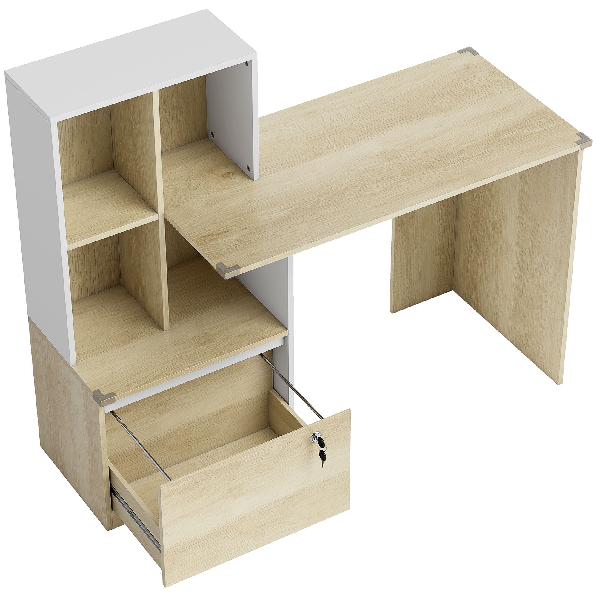 Bureau d'ordinateur avec bibliothèque 4 compartiments et tiroir verrouillable, 126 x 50 x 109 cm, chêne et blanc