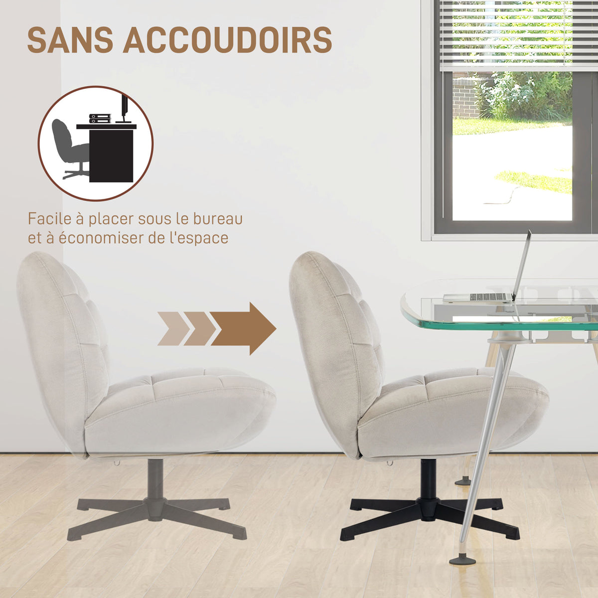Fauteuil de salon pivotant, chaise rembourrée en chenille sans accoudoirs, assise et dossier larges, 70x80x82cm, crème