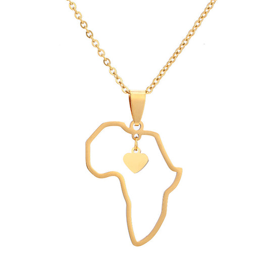 Collier Pendentif Carte d'Afrique Hip Hop en Acier Inoxydable