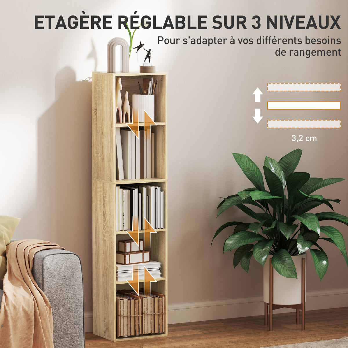 Bibliothèque étagère de rangement 5 niveaux avec étagères réglables pour salon, chambre, bureau, 30x24x133,5cm, naturel