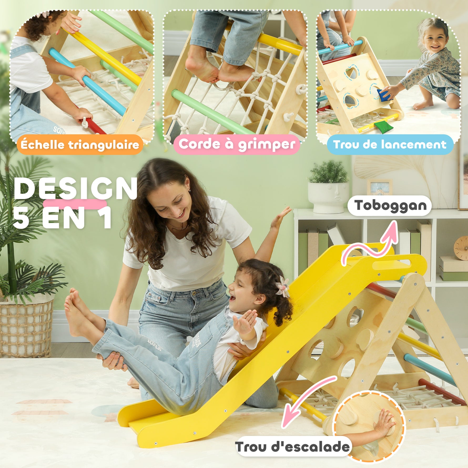 5 en 1 Triangle d'escalade avec toboggan enfants parcours motricité - filet d'escalade, sacs de sable inclus