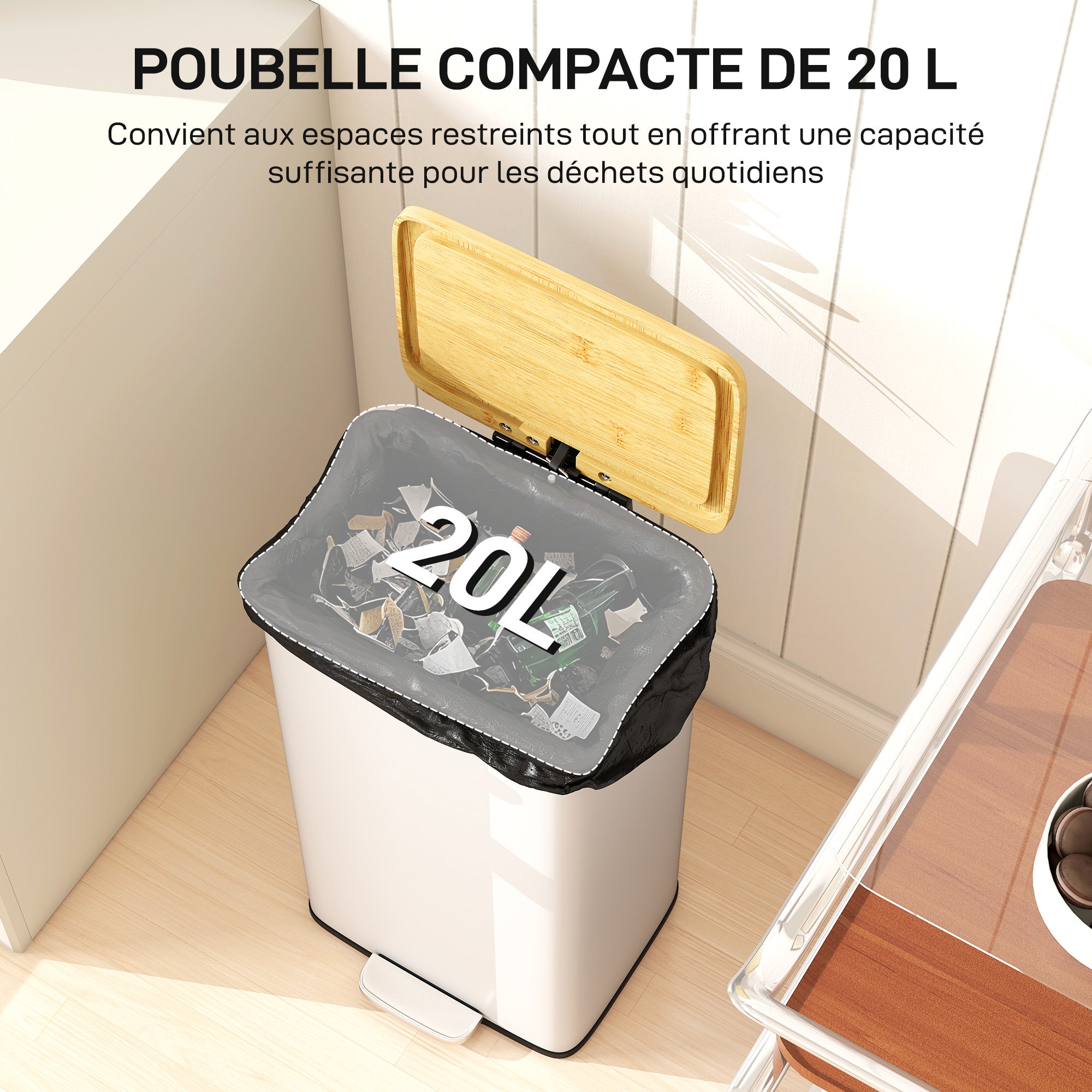 Poubelle de Cuisine 20L, Poubelle avec Pédale, Couvercle en Bambou à Fermeture Douce, Seau Intérieur Amovible, Blanc