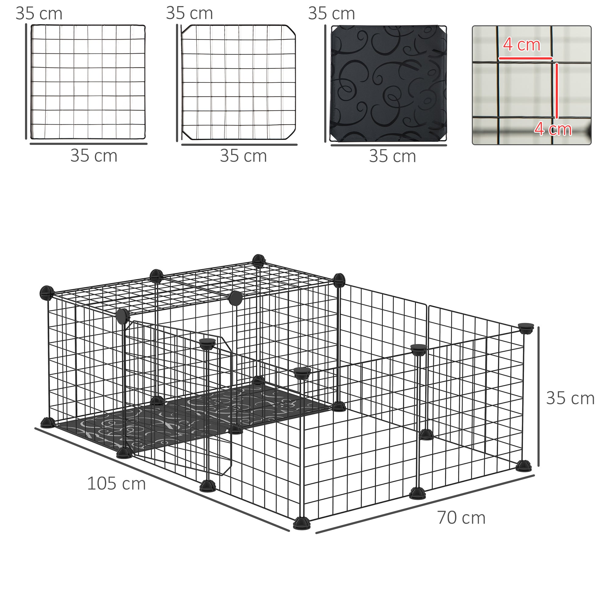 Kleintiergehege, modulares Freilaufgehege für Kaninchen, Meerschweinchen und Nagetiere, schwarz