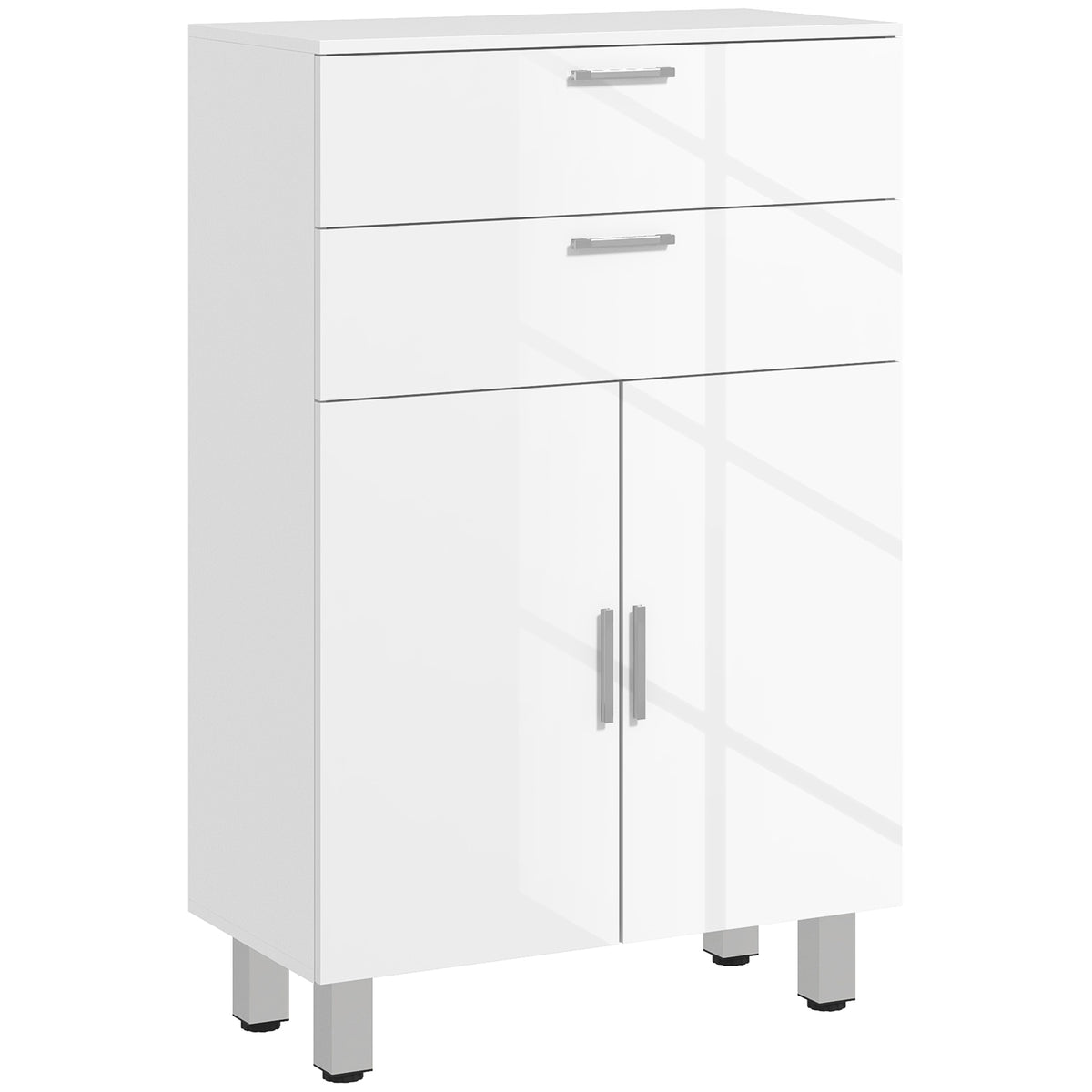 Mobile bagno con 2 cassetti, armadietto a doppia anta e ripiani regolabili 60 x 30 x 93 cm bianco lucido
