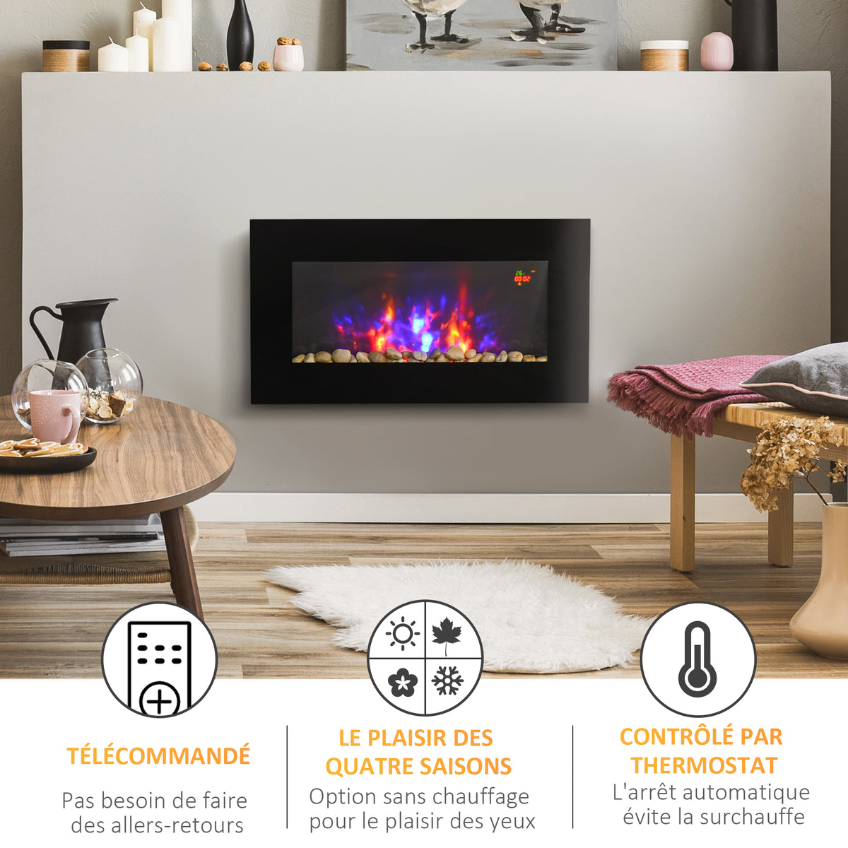 Cheminée électrique murale 1000/2000 W, cheminée décorative avec effet flamme 7 couleurs réglables, 72,5x11,5x40cm, noir