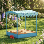 Sandkasten aus Holz mit Deckel, Outdoor-Sandkasten für Kinder mit klappbaren Sitzen und bedruckter Plane mit blauen Flamingos