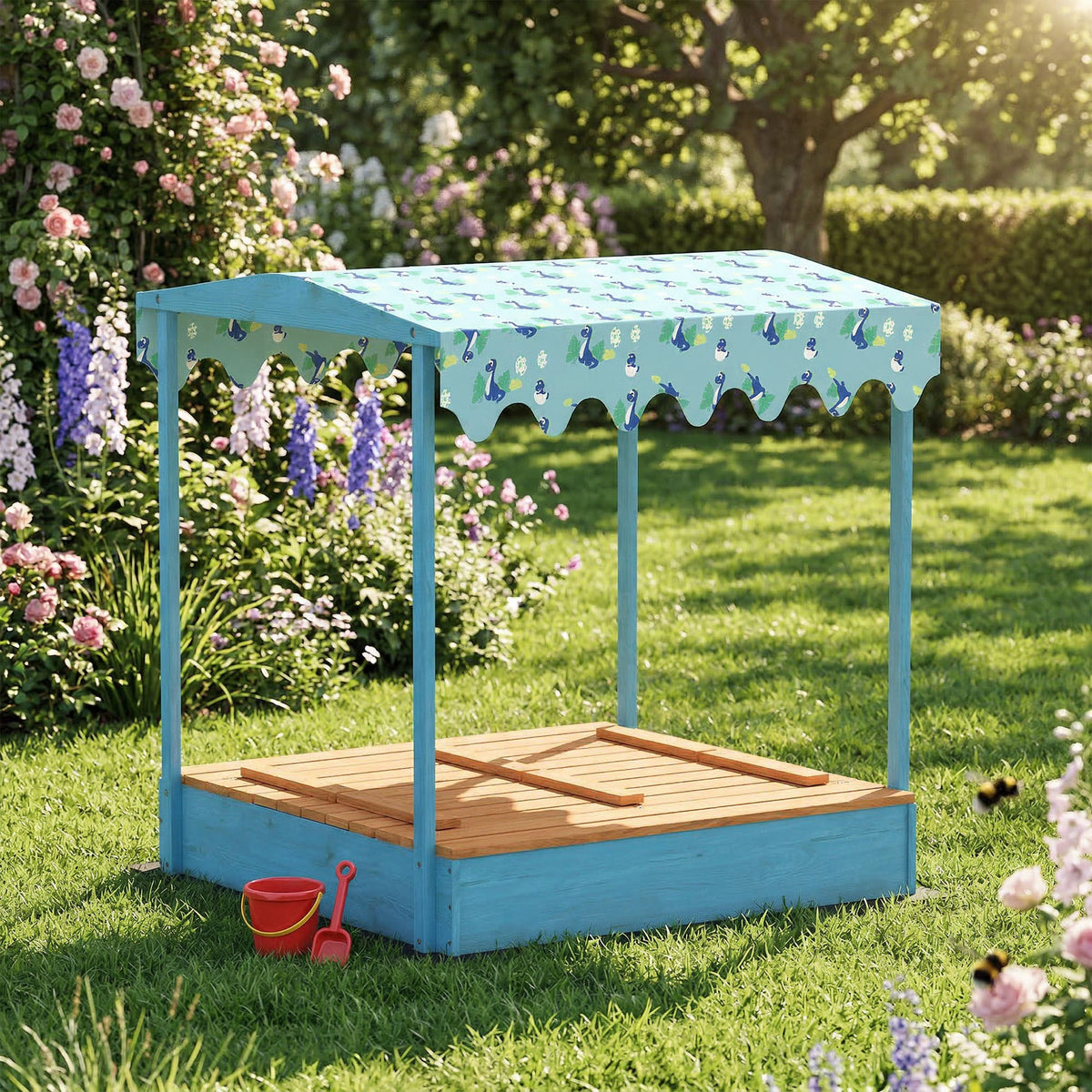 Sandkasten aus Holz mit Deckel, Outdoor-Sandkasten für Kinder mit klappbaren Sitzen und bedruckter Plane mit blauen Flamingos