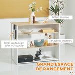 Ilot de cuisine 3 étagères de style moderne et porte-couteaux en acier inoxydable 105 x 65 x 90 cm blanc et naturel
