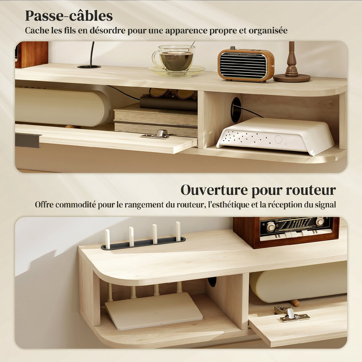 Meuble TV suspendu, meuble télé pour téléviseur jusqu'à 60 pouces, tiroir rabattable 2 étagères 140x24x16cm bois naturel