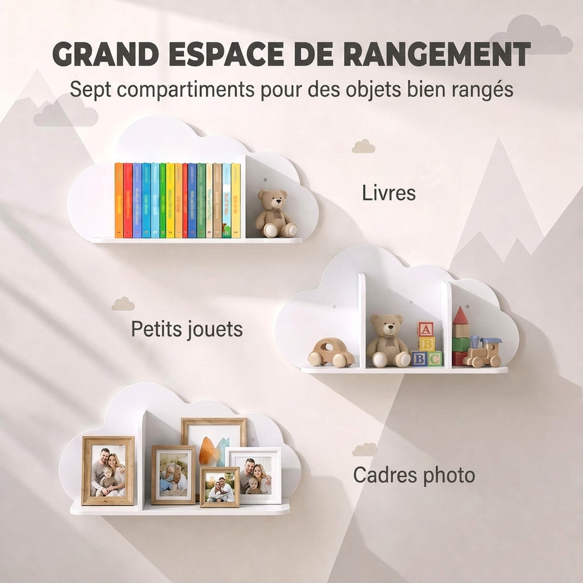 Set di 3 mensole portalibri da parete per bambini, a forma di nuvola, libreria per bambini 3-8 anni, bianco