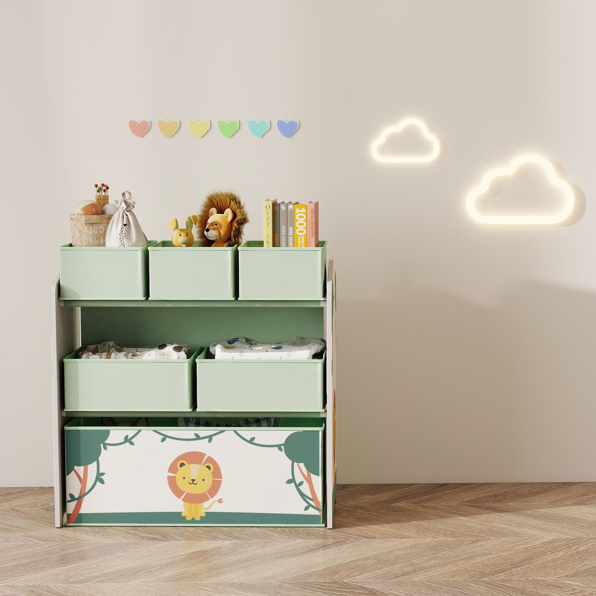 Meuble rangement enfant à 3 niveaux, étagère de rangement pour jouets enfants avec 6 boîtes en tissu amovibles, vert