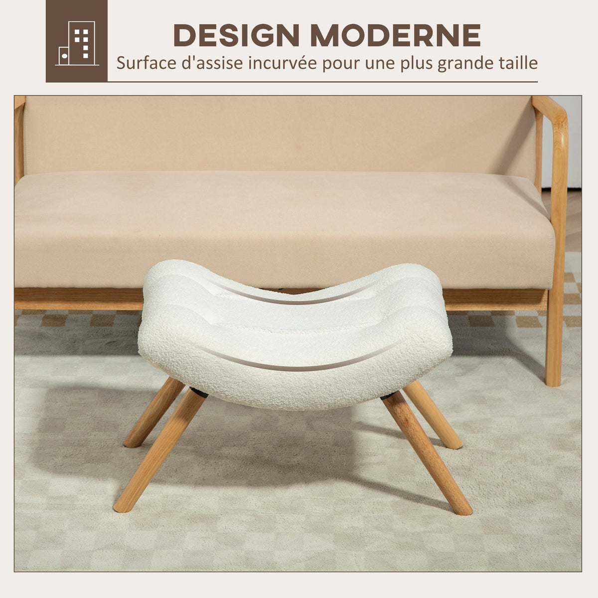 Repose pied salon ottoman pouf salon tabouret de canapé en tissu avec pieds en bois de hêtre, siège rembourré, crème