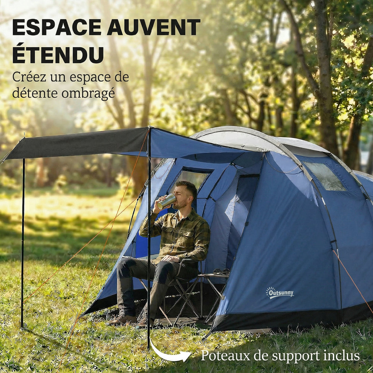 Tente de Camping Tunnel pour 4 Personnes Imperméable 3000mm Double Couche Hauteur 190cm Bleu Foncé