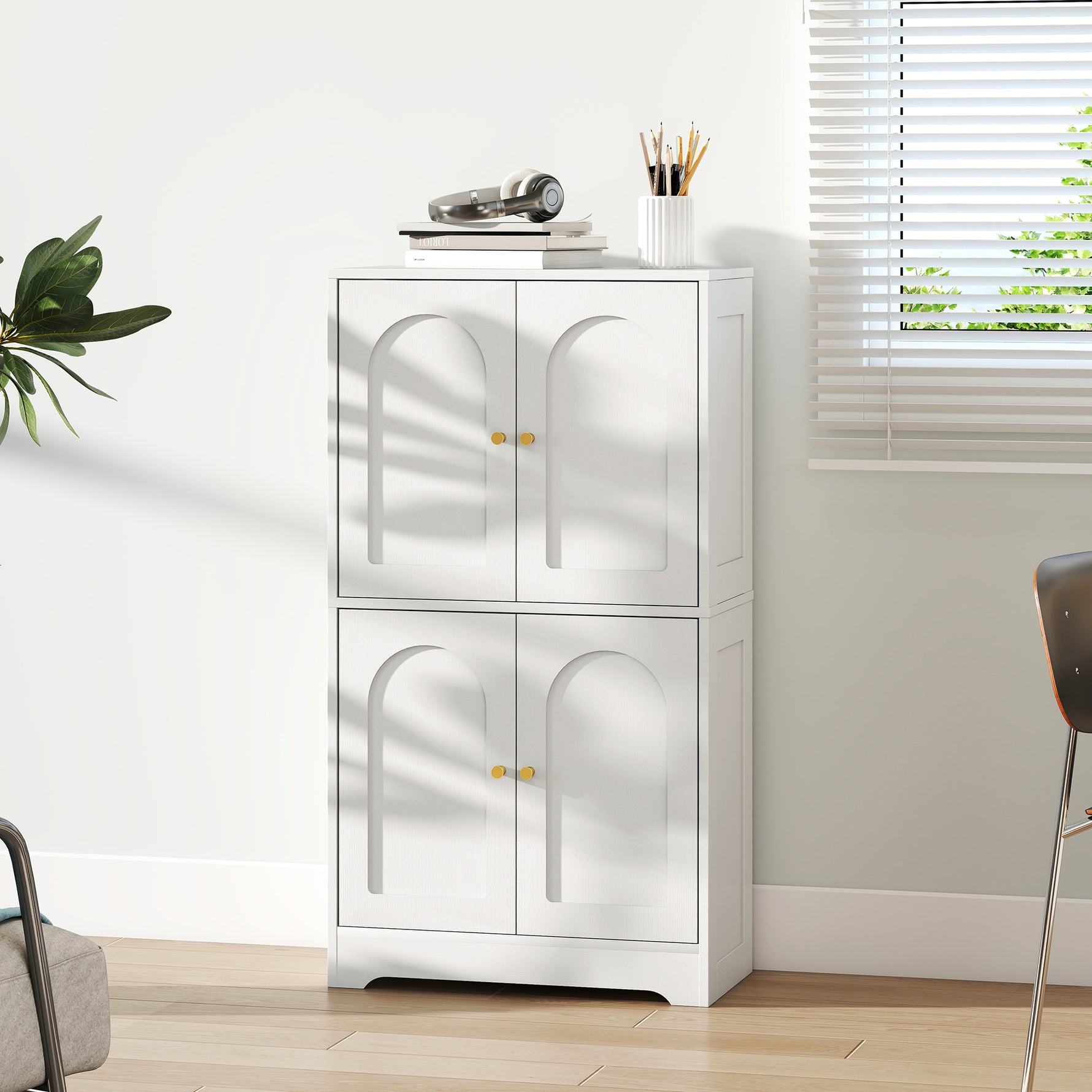 Buffet cuisine, meuble cuisine rangement avec 4 portes cintrées et 2 étagères réglables, 60 x 30 x 110 cm, blanc
