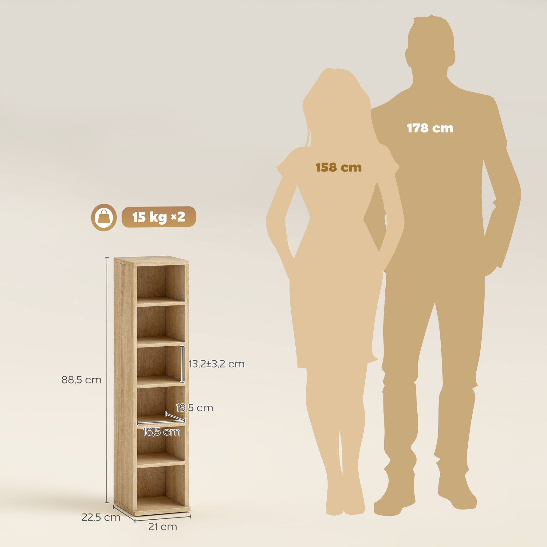 Lot de 2 étagères colonnes armoire de rangement CD-DVD 12 compartiments 21 x 22,5 x 88,5 cm capacité 204 CD chêne