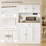 Buffet haut cuisine, armoire de cuisine, station de charge, 6 portes, plan de travail, porte-épices, 100x40x173cm, blanc