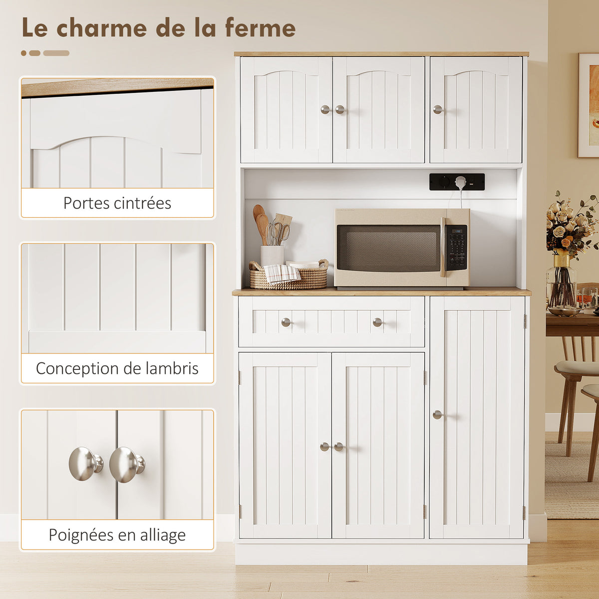 Buffet haut cuisine, armoire de cuisine, station de charge, 6 portes, plan de travail, porte-épices, 100x40x173cm, blanc