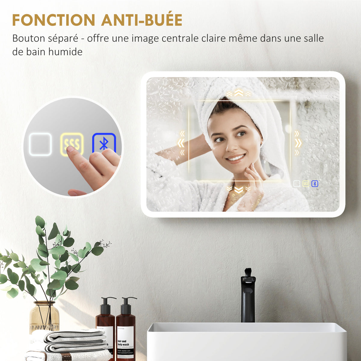 Miroir salle de bain LED bluetooth 50 x 70 cm interrupteur tactile lumière réglable 3 couleurs anti-buée mémoire argent