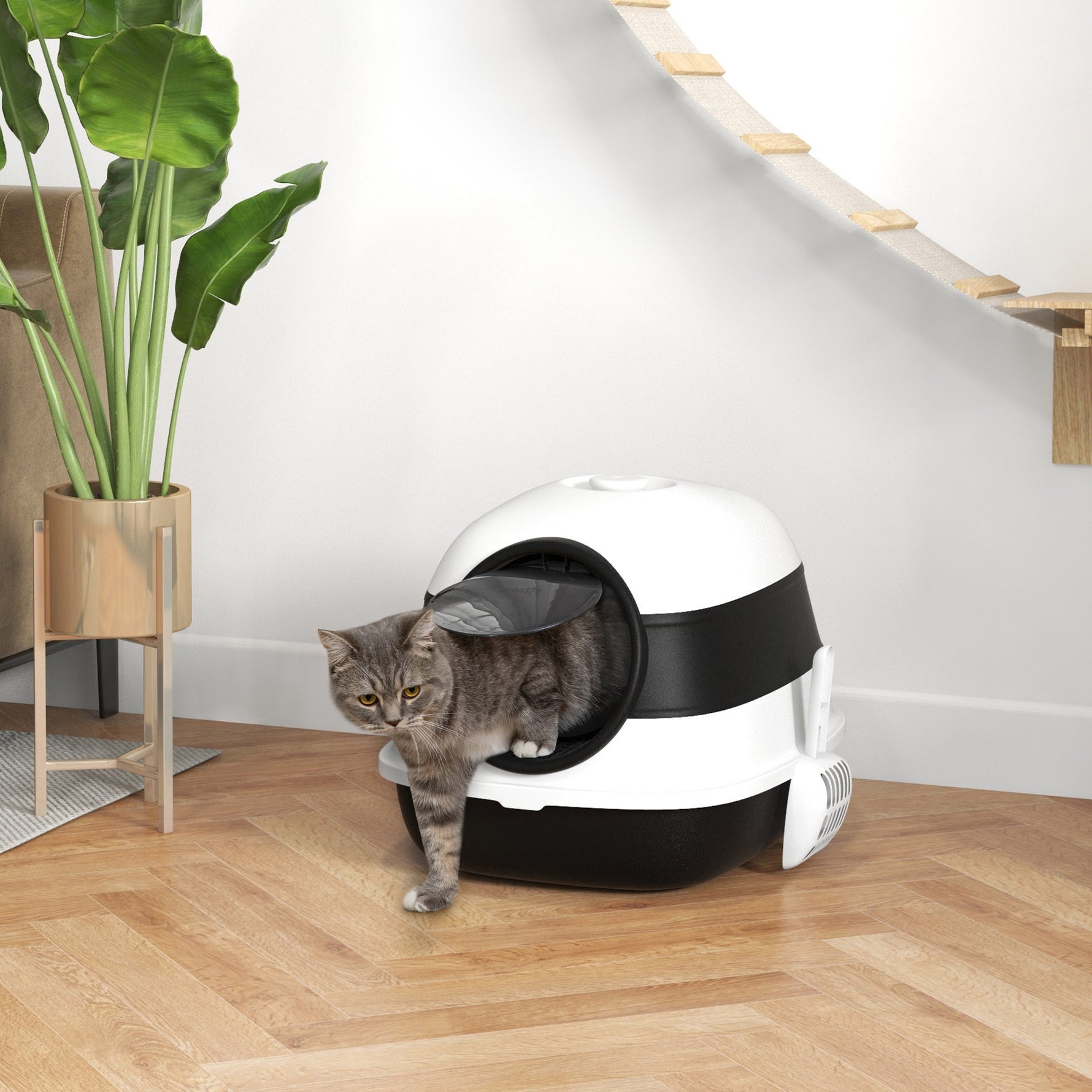 bac à litière pour chat pliable porte battante lucarne + pelle fournis noir blanc