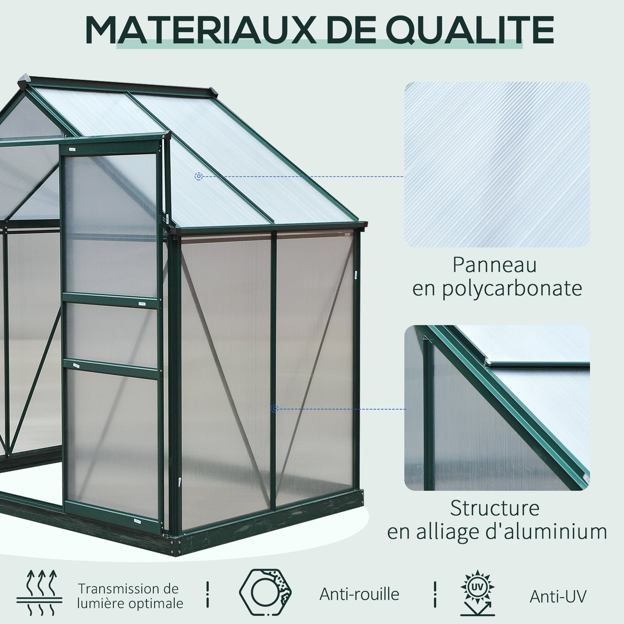 Serre de jardin polycarbonate 190 x 132 x 201 cm résistant aux UV 30+ fondation renforcé gouttière vert foncé