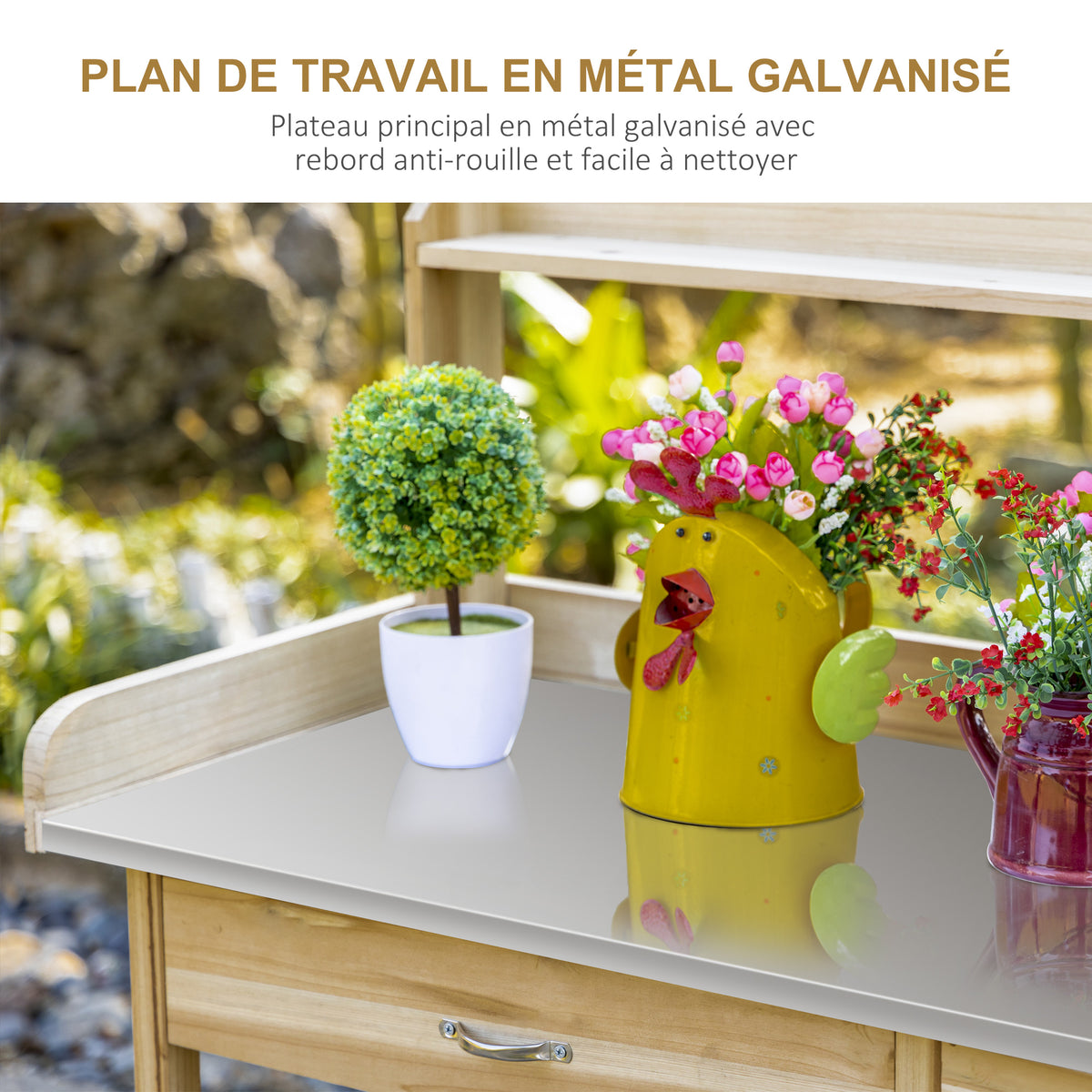 Table de rempotage table de jardinage avec 2 étagères, tiroir, placard, plateau tôle acier galvanisé avec