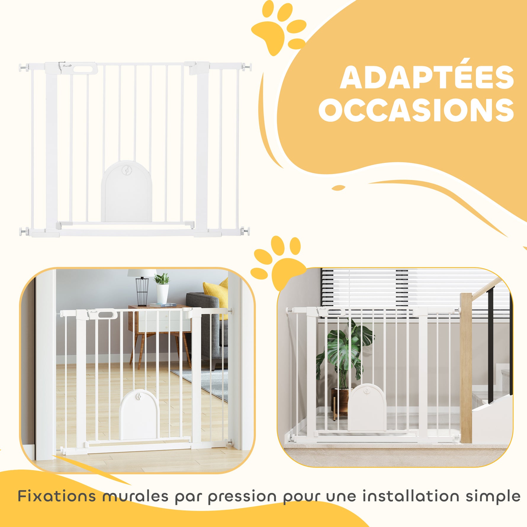 Barrière de sécurité animaux avec porte fermeture automatique système de double verrouillage, acier blanc