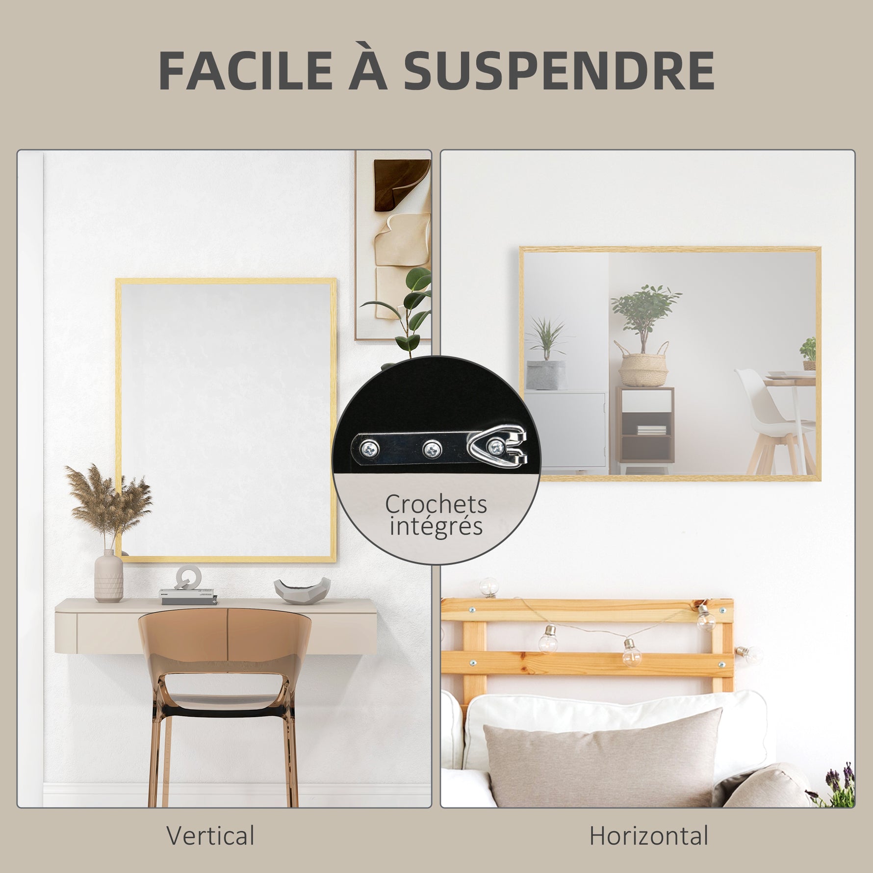 Miroir mural rectangulaire 90 x 70 cm, cadre en bois, idéal pour la salle de bain, salon ou chambre, naturel