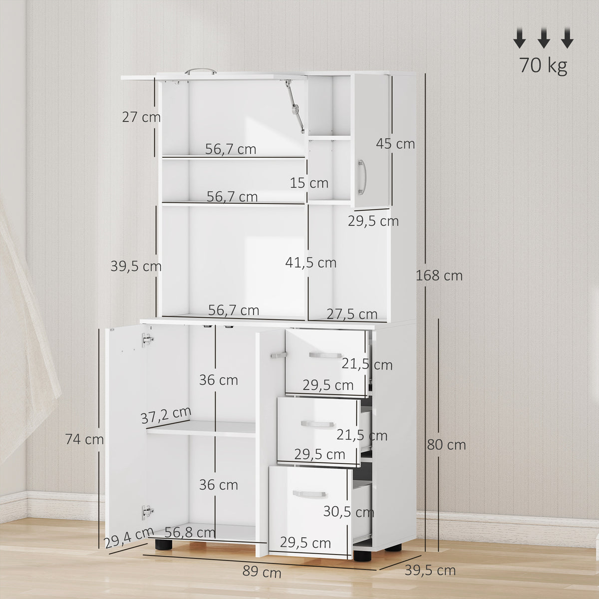 Armoire de cuisine multi-rangements 4 portes 3 tiroirs étagère + grand plateau 89L x 39,5l x 168H cm blanc