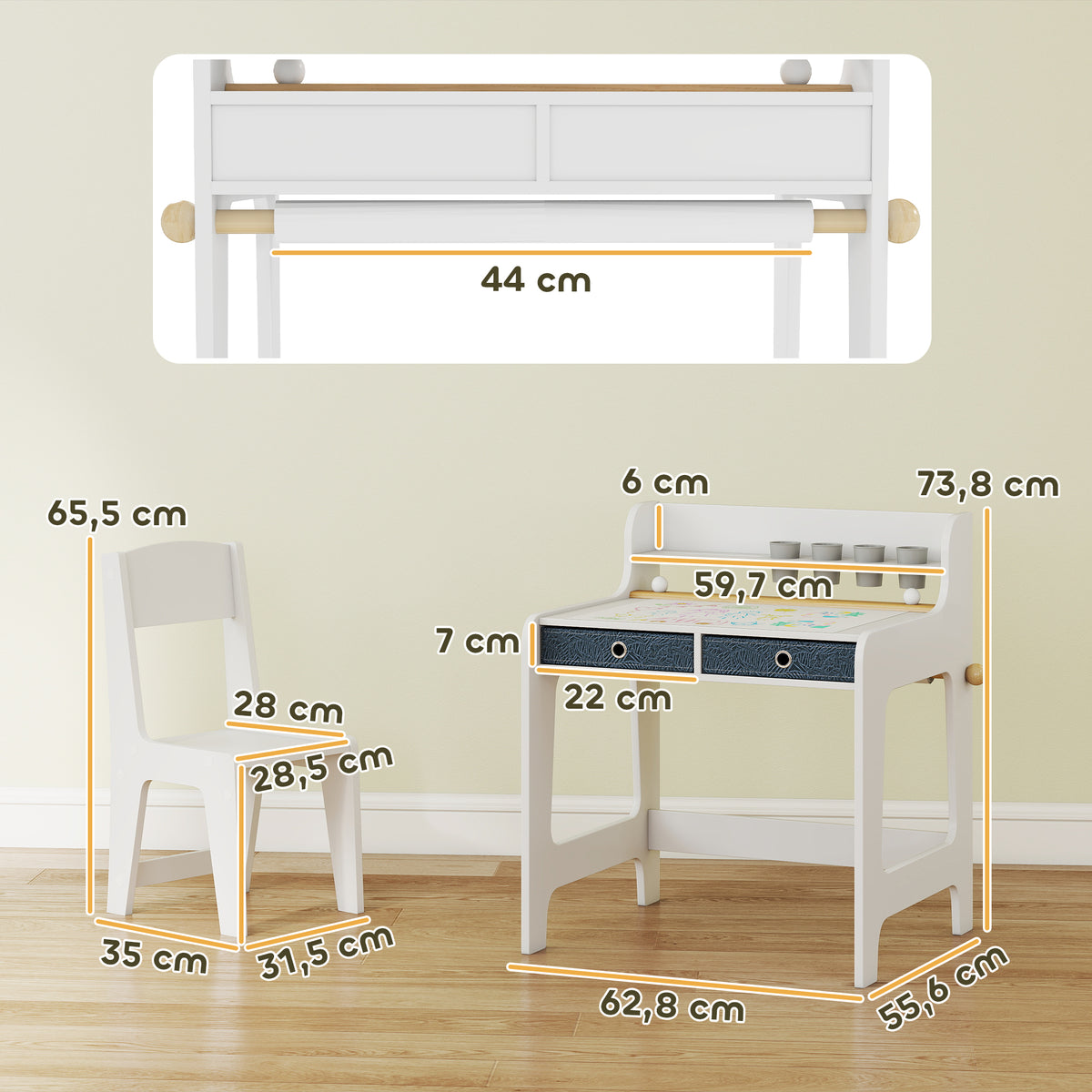 Kinderschreibtisch mit Stuhl, Kindertisch und Stuhl mit 2 Stoffschubladen und Getränkehalter, 62,8x55,6x73,8cm, weiß