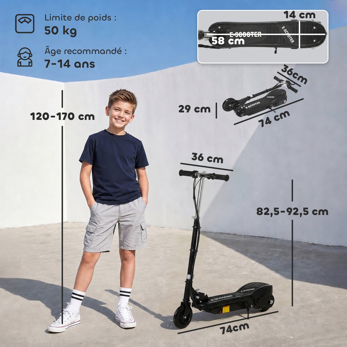 Klappbarer Elektroroller für Kinder ab 7 Jahren, 120W, max. Geschwindigkeit 12 km/h, 74x36x82,5-92,5 cm, Schwarz