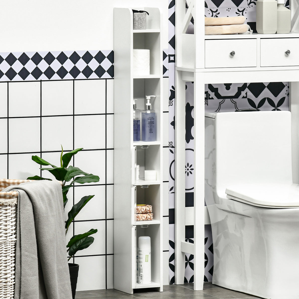 Meuble colonne de salle de bain armoire toilette haute avec étagères et placards - 15 x 17 x 120 cm blanc