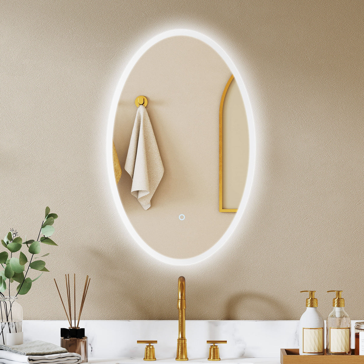 Bainugelako ispilua argiztapenarekin 80 x 50 cm, LED ispilu obalatua, lainoaren aurkakoa, 3 argi kolore, erregulagarria, gardena