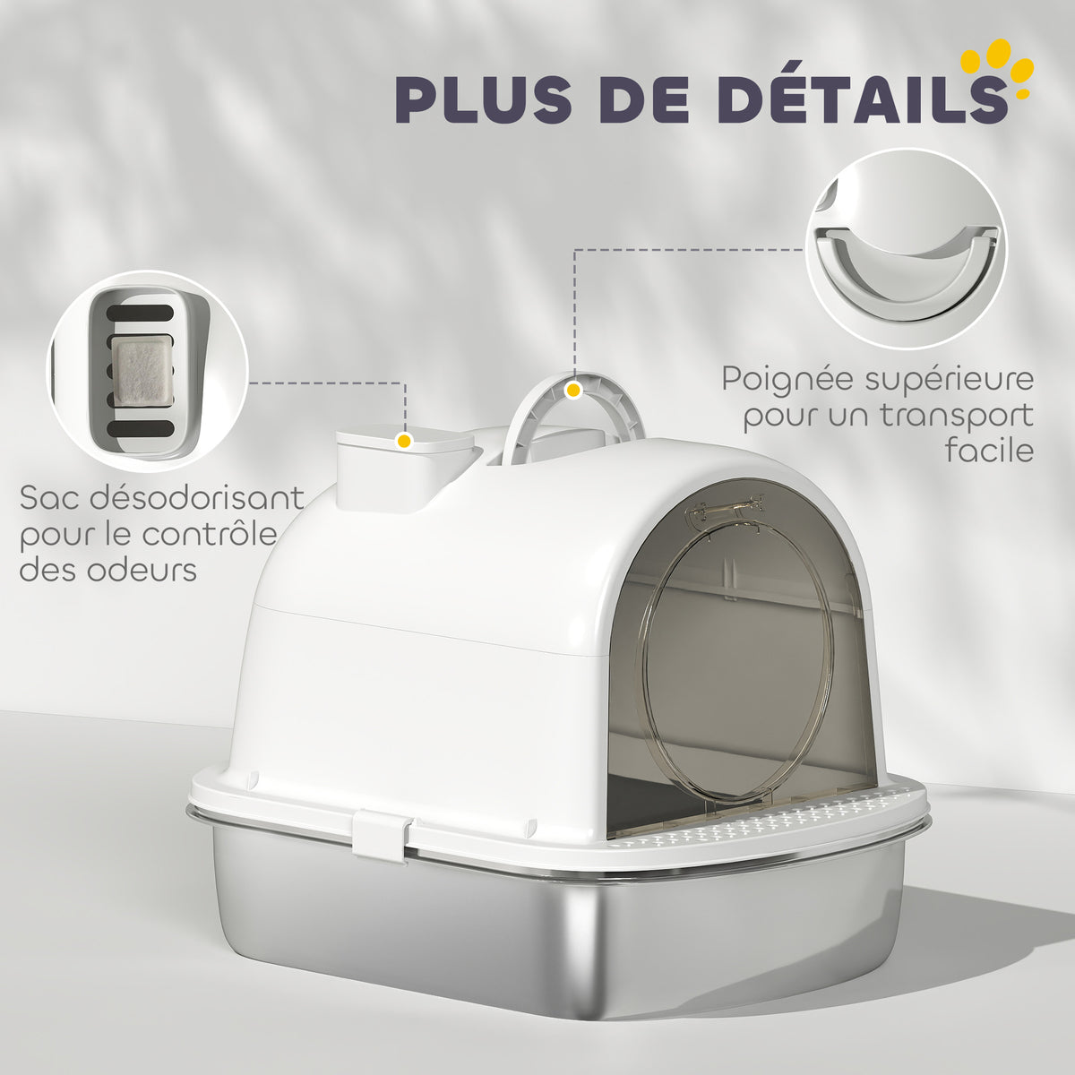 Maison de toilette pour chat bac à litière fermé bac acier inoxydable, nettoyage facile, 52,4 x 41,3 x 39,9 cm, blanc