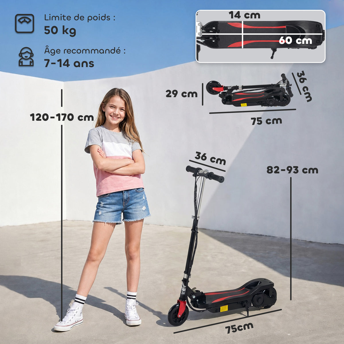 Folding electric scooter for children 7+ years old, 120W Max speed 12km/h, 75x36x82-93 cm Black