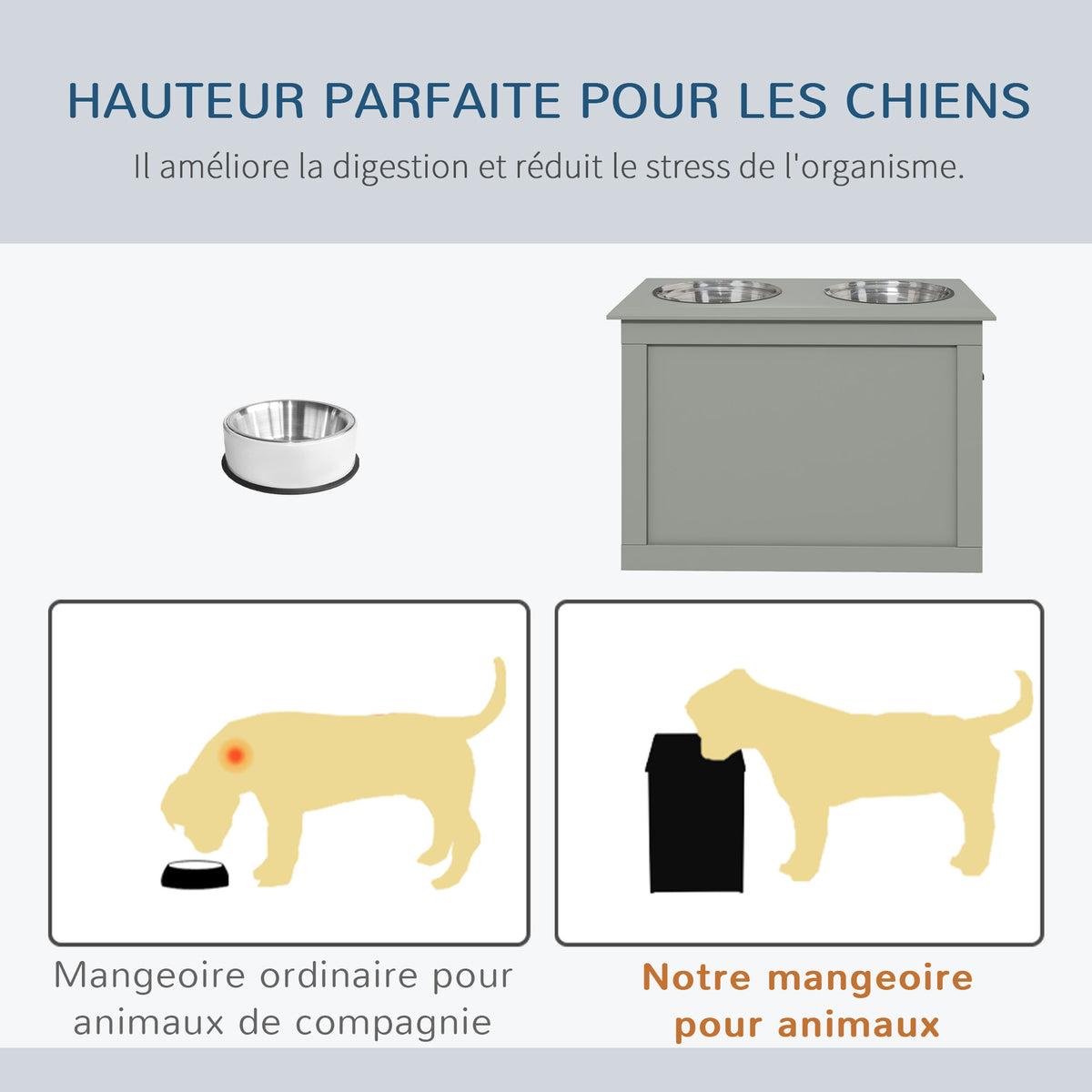 Gamelles chiens surélevées gamelle double chien chat Porte-gamelles surélevé dim. 60L x 30l x 41H cm 2 gamelles 2L poignées coffre bois gris