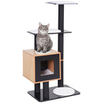 Arbre à chats design contemporain griffoirs grattoirs sisal naturel centre d'activités niche plate-formes jeu boules suspendues 71,5L x 49,5l x 120H cm MDF noir hêtre