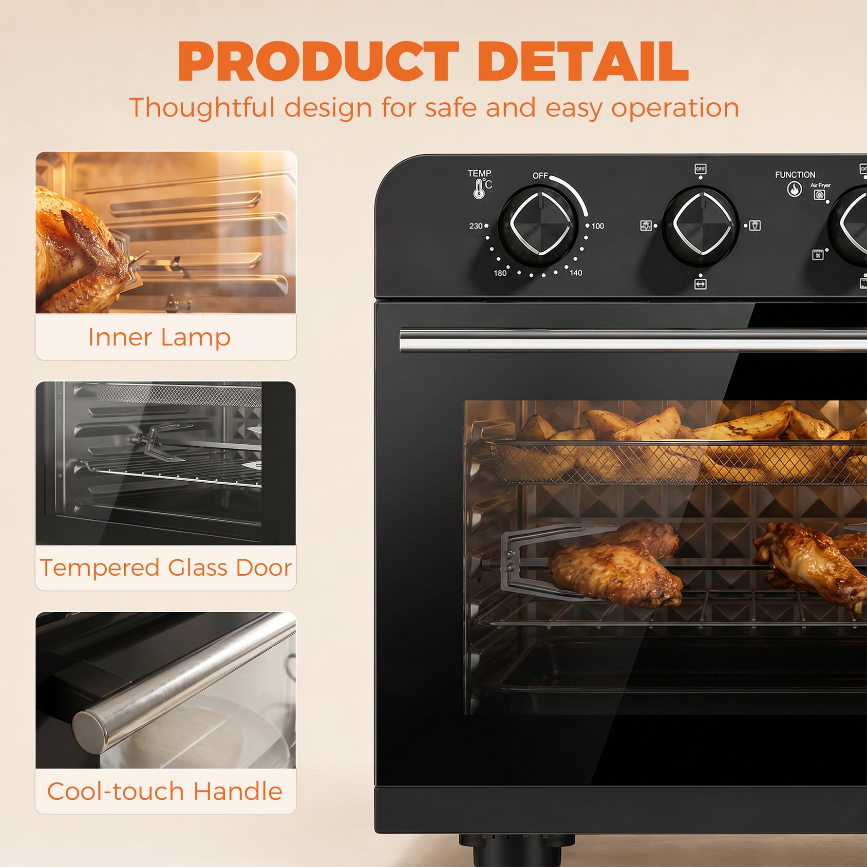 Friteuse à Air Chaud 36L, Four à Air Chaud 1800 W avec Rôtissoire, Plaque de Cuisson, Panier de Friture et Grille, Noir