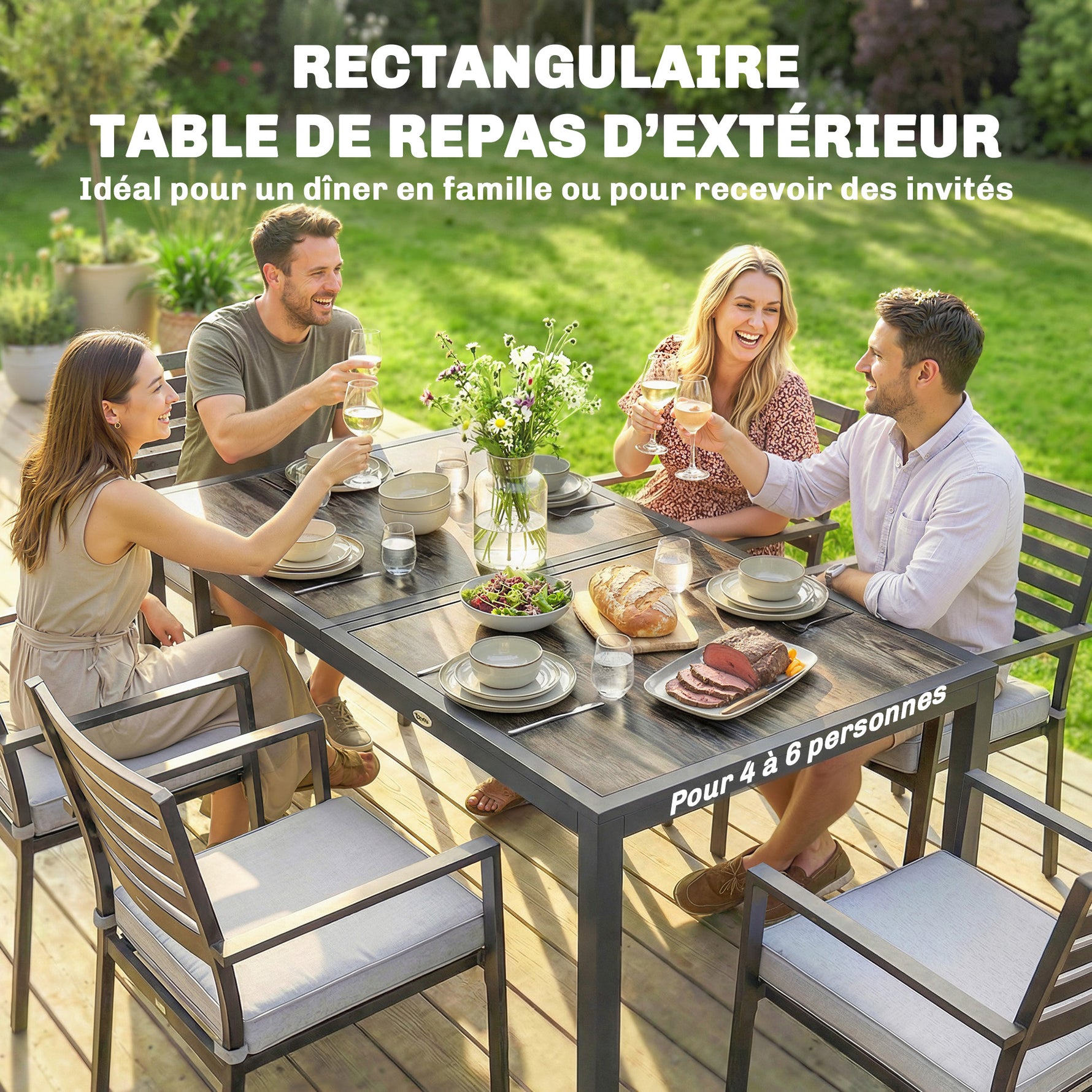 Table de jardin pour 4 à 6 personnes, table à manger extérieure avec plateau à effet bois, 140 x 80 x 72 cm, gris foncé