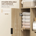 Meuble de salle de bain, meuble de rangement étroit avec 2 tiroirs, compartiments ouverts, 50x25x100cm, bois naturel