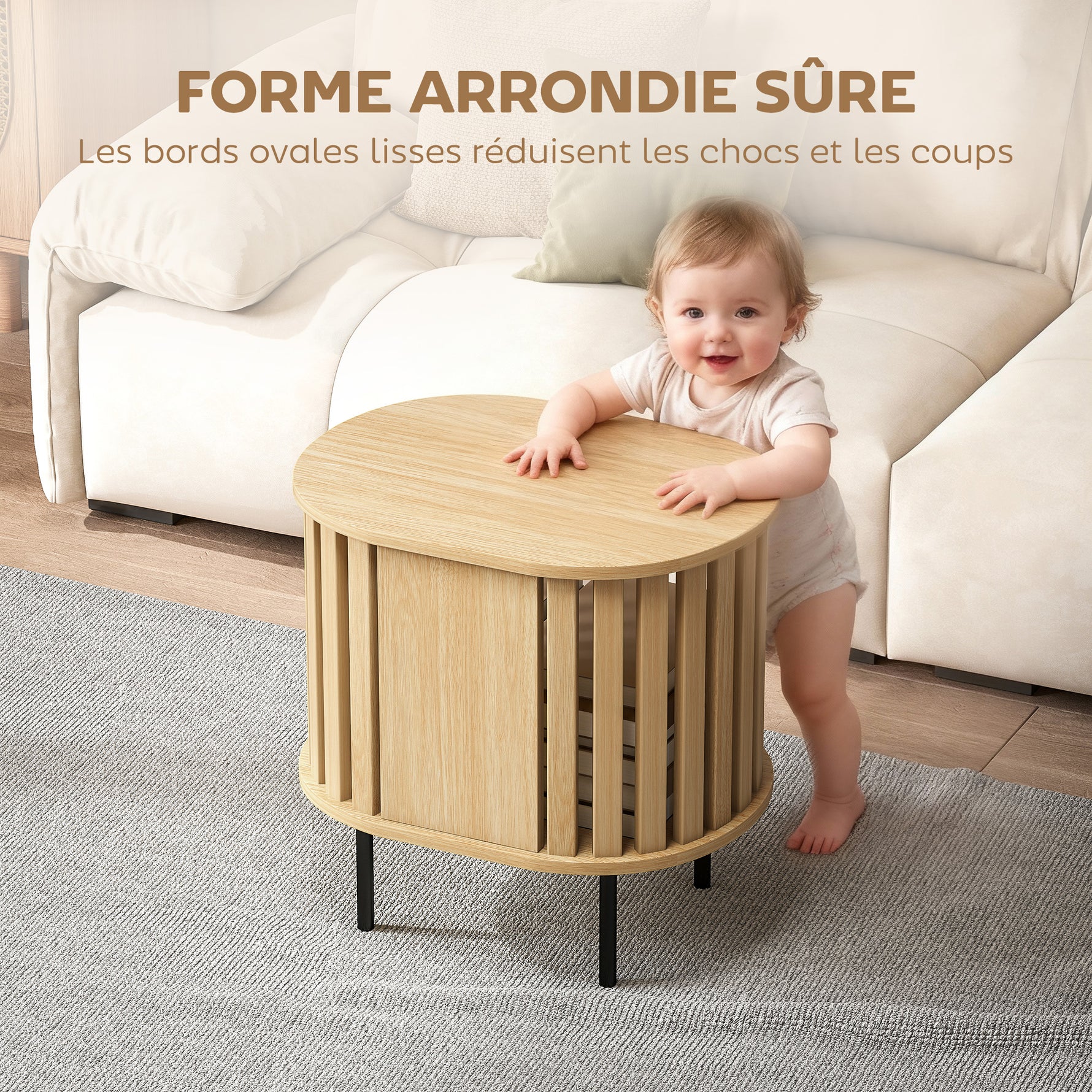 Table d'appoint ovale bout de canapé rangement ouvert pieds en acier design à lattes 50x39x50cm effet bois naturel